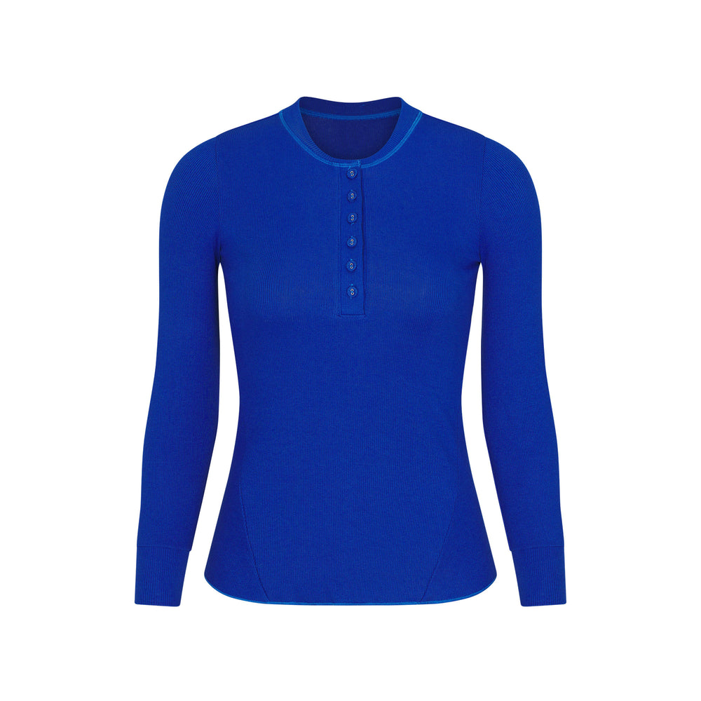 Skims COTTON RIB HENLEY LONG SLEEVE T-shirt Blauw | 14XDMHRUJ