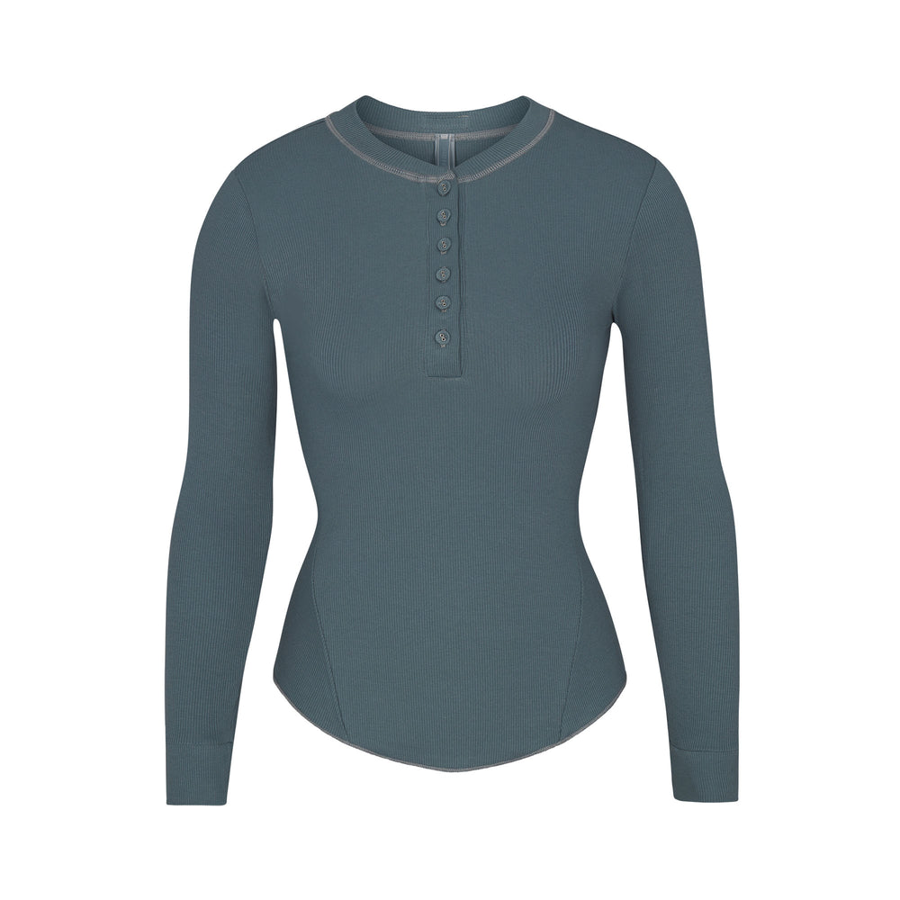 Skims COTTON RIB HENLEY LONG SLEEVE T-shirt Blauw | 31RPUYHFG