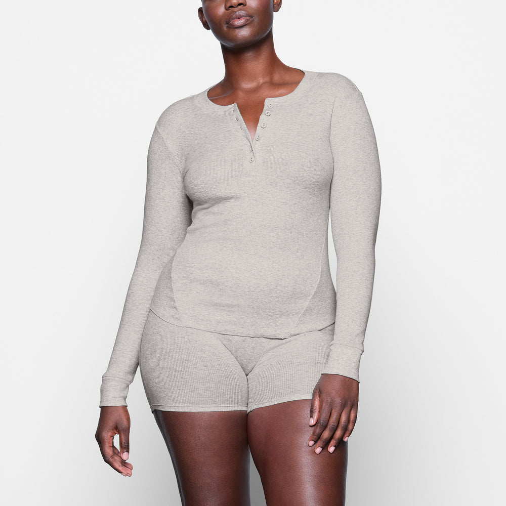 Skims COTTON RIB HENLEY LONG SLEEVE T-shirt Lichtgrijs | 91FHGZKIT