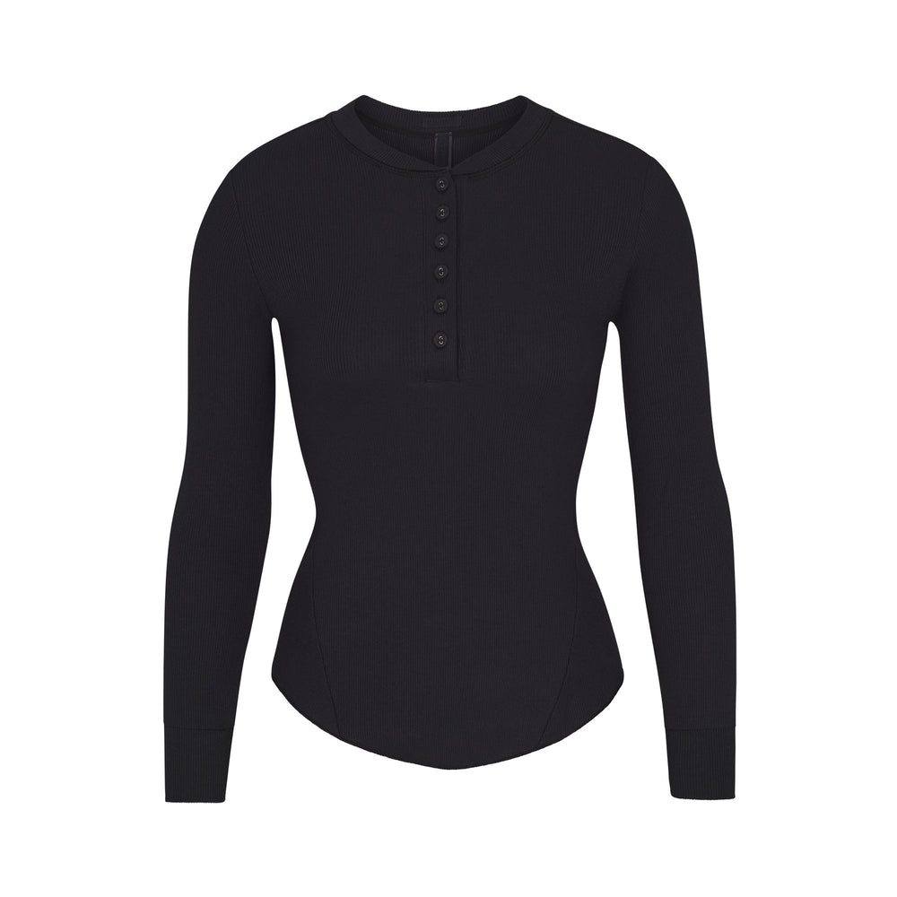 Skims COTTON RIB HENLEY LONG SLEEVE T-shirt Zwart | 98IATDEVU