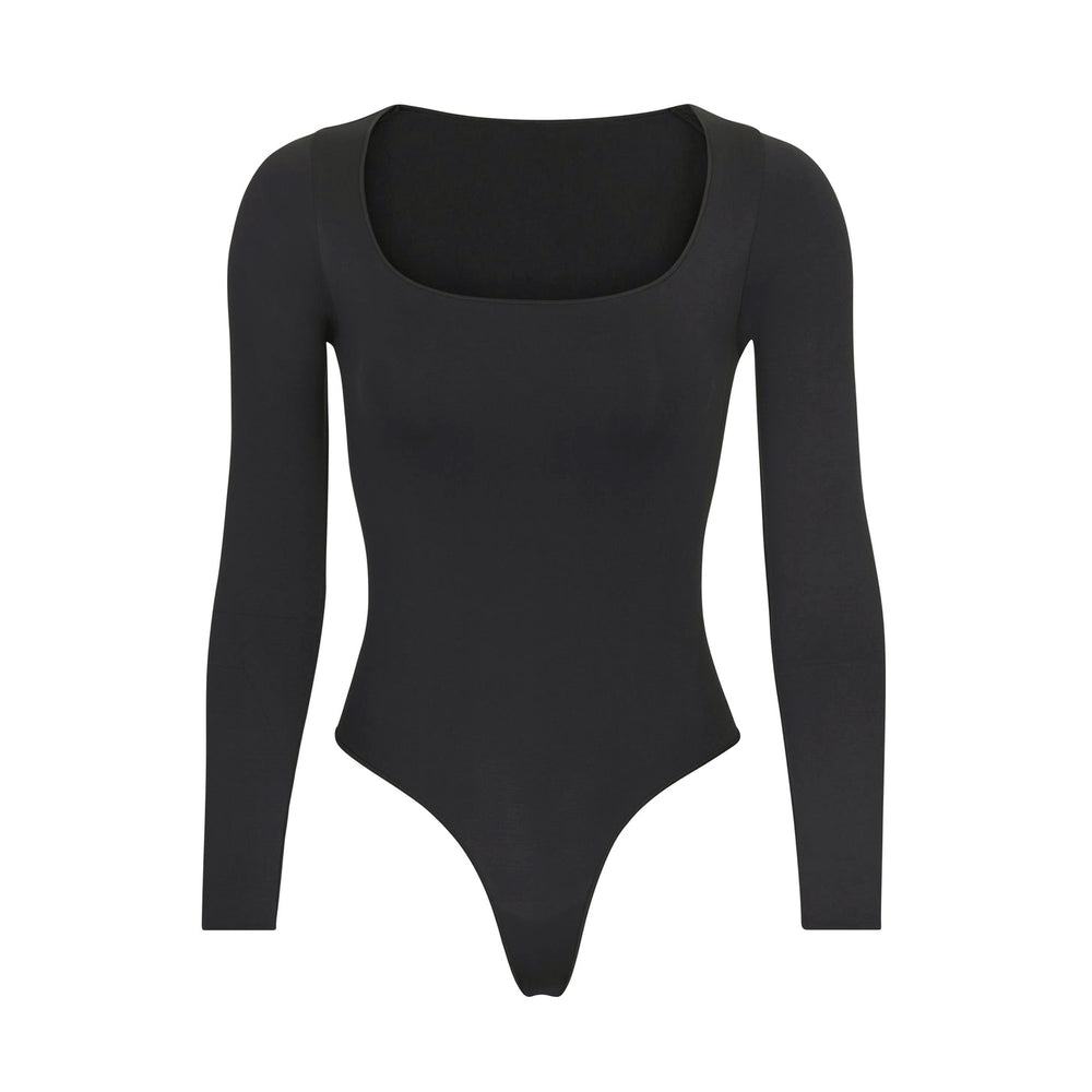 Skims ESSENTIAL SCOOP NECK Long Sleeve Bodysuit Zwart | 74RYBJHUK
