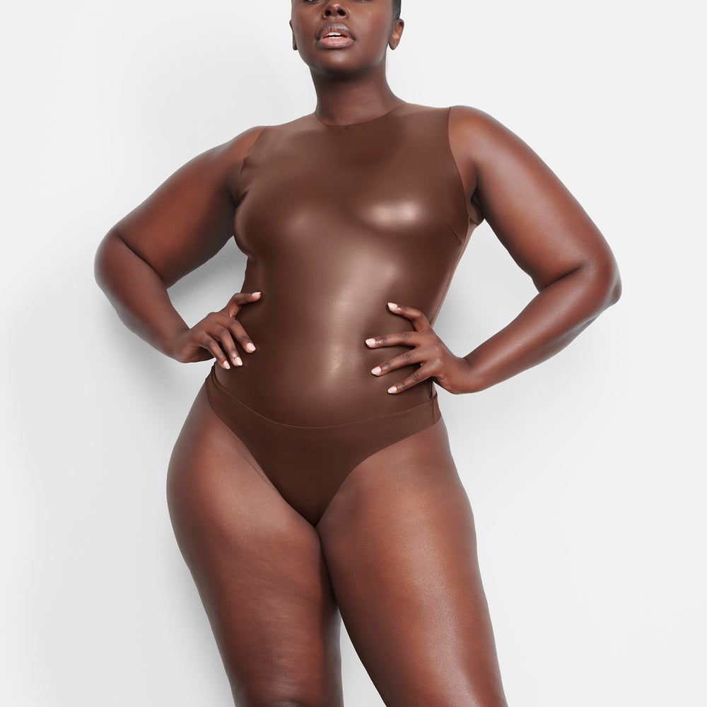 Skims FAUX LEATHER Crew Neck Bodysuit Chocola | 54OJHCQAN