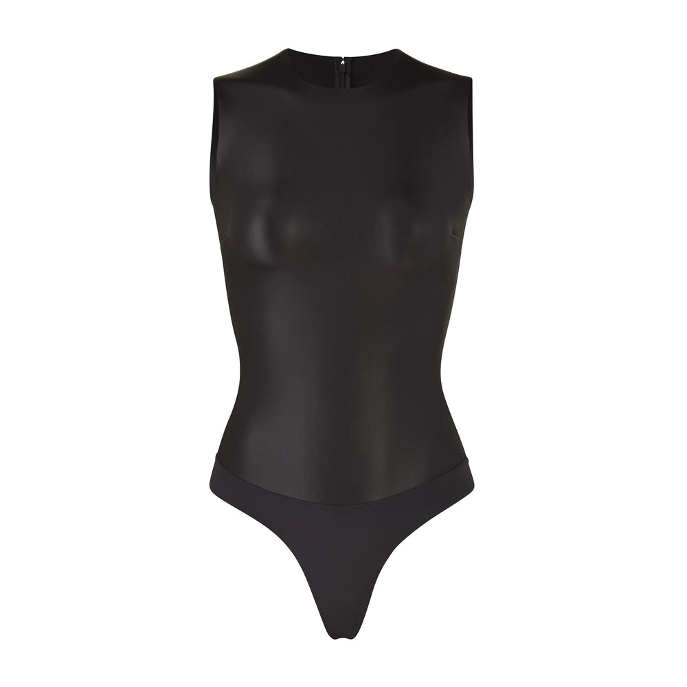 Skims FAUX LEATHER Crew Neck Bodysuit Zwart | 74KYEWGHM