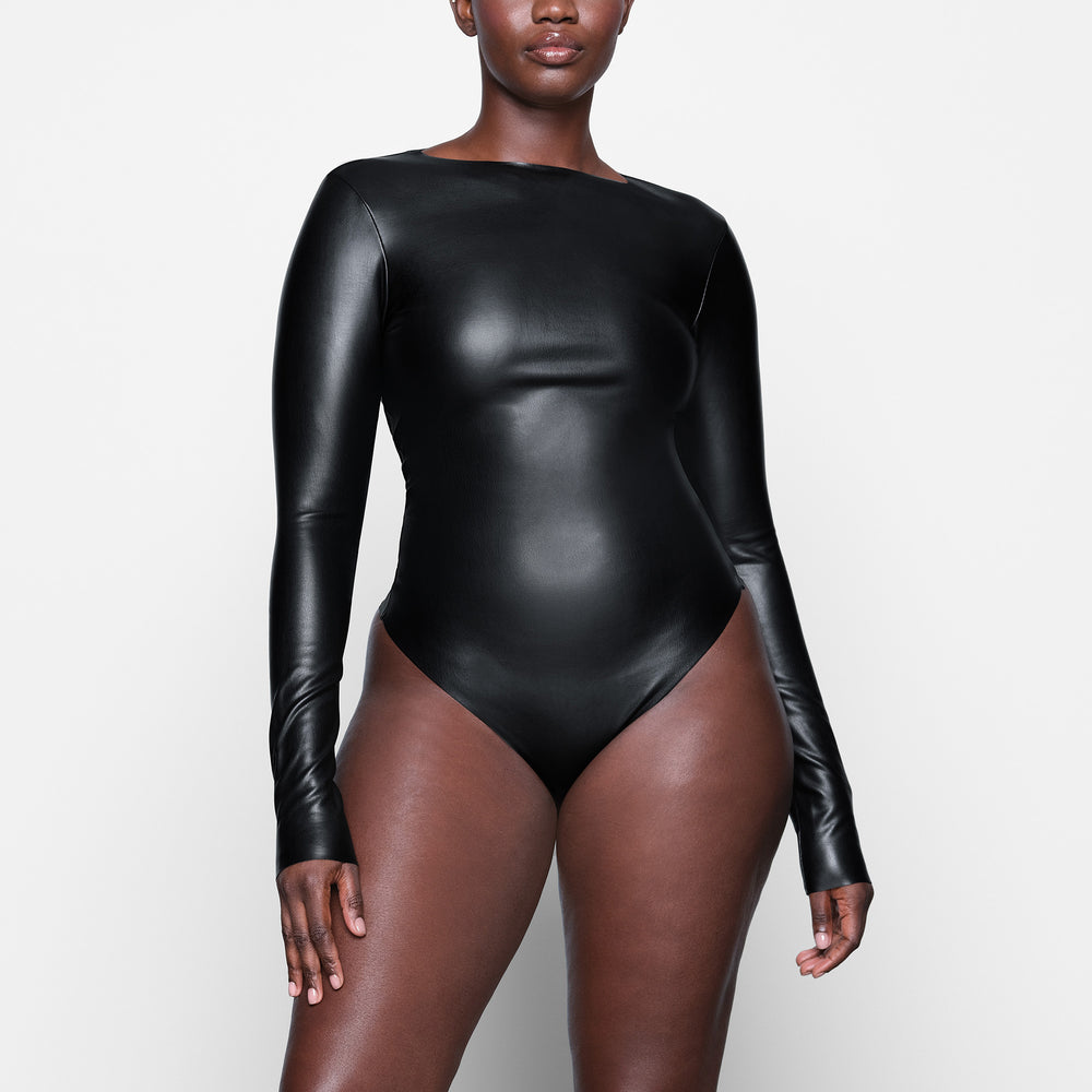 Skims FAUX LEATHER Long Sleeve Bodysuit Zwart | 69ETQZNHY