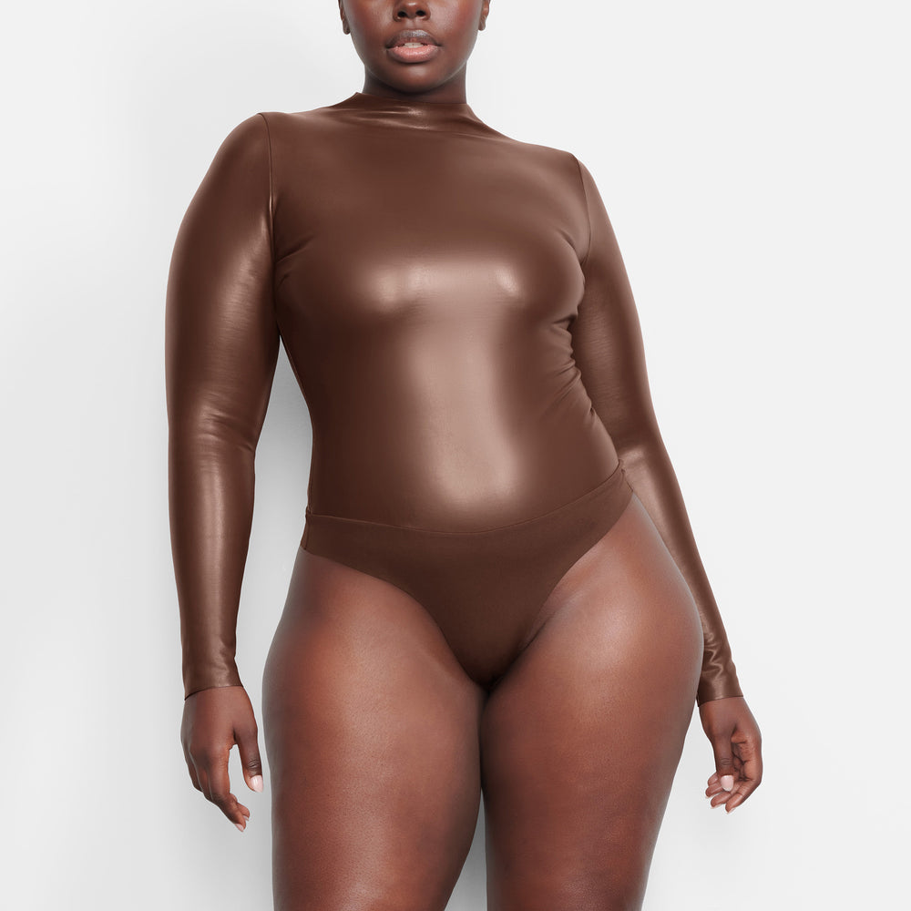 Skims FAUX LEATHER Mock Neck Bodysuit Chocola | 92CFWSNHE