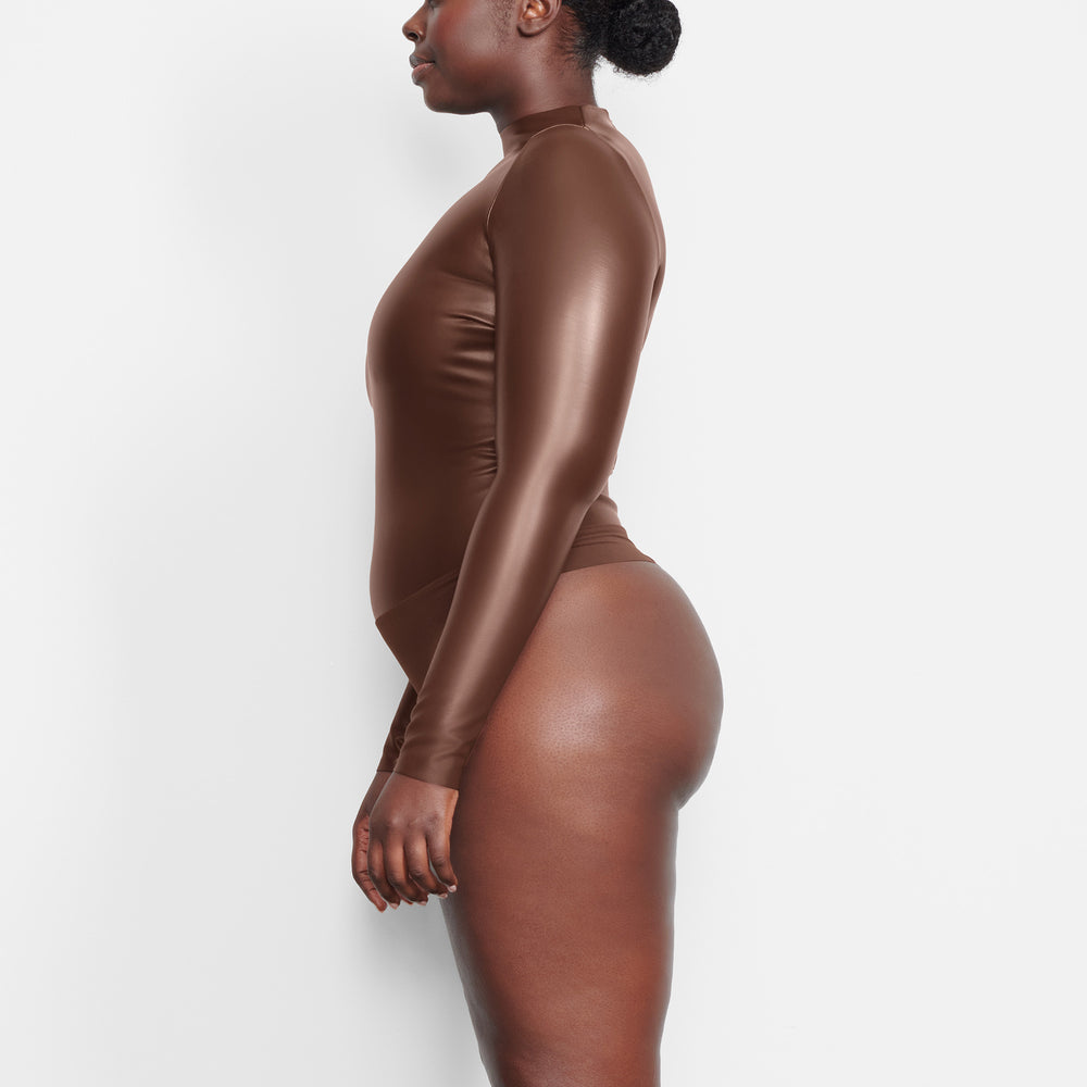 Skims FAUX LEATHER Mock Neck Bodysuit Chocola | 92CFWSNHE