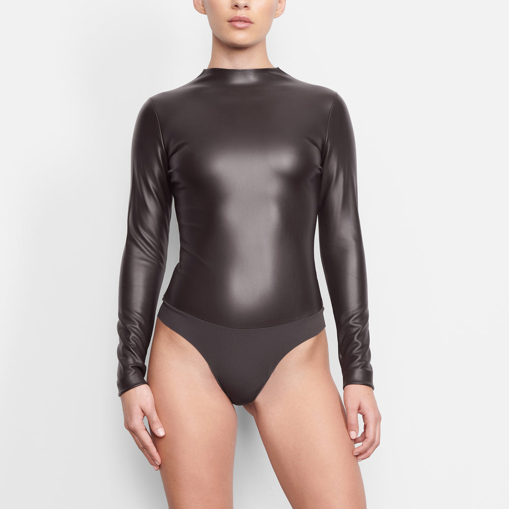 Skims FAUX LEATHER Mock Neck Bodysuit Zwart | 47HMXJZCY