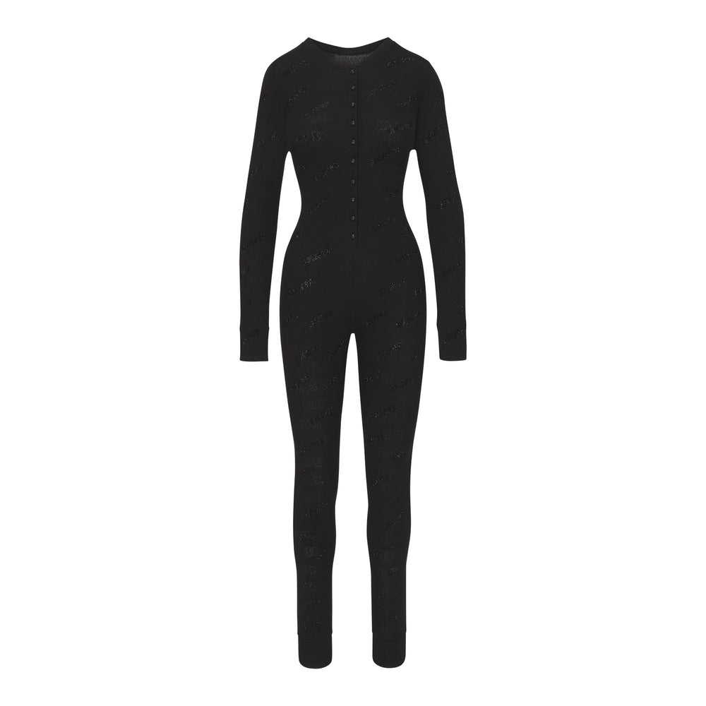 Skims RHINESTONE LOGO POINTELLE Onesie Zwart | 18KTXUOVB