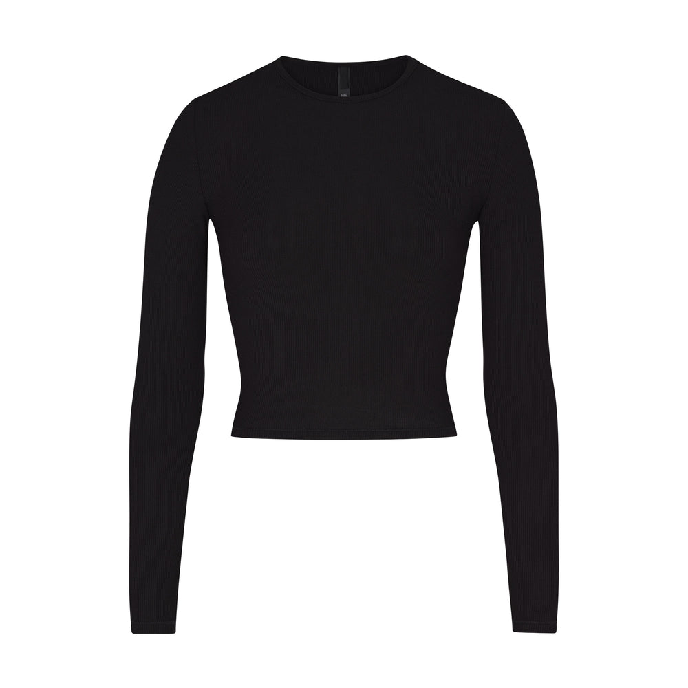 Skims SOFT LOUNGE LONG SLEEVE CROP TOP T-shirt Zwart | 61DSVZWUX