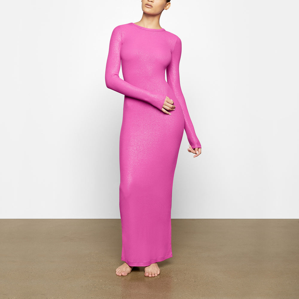 Skims SOFT LOUNGE SHIMMER CREW NECK LONG Jurk Fuchsie | 56YHEKSRC