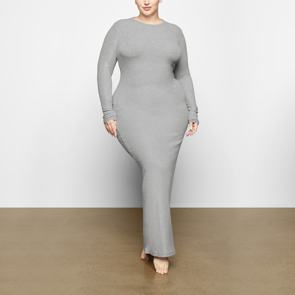 Skims SOFT LOUNGE SHIMMER CREW NECK LONG Jurk Grijs | 58JQPIKLH