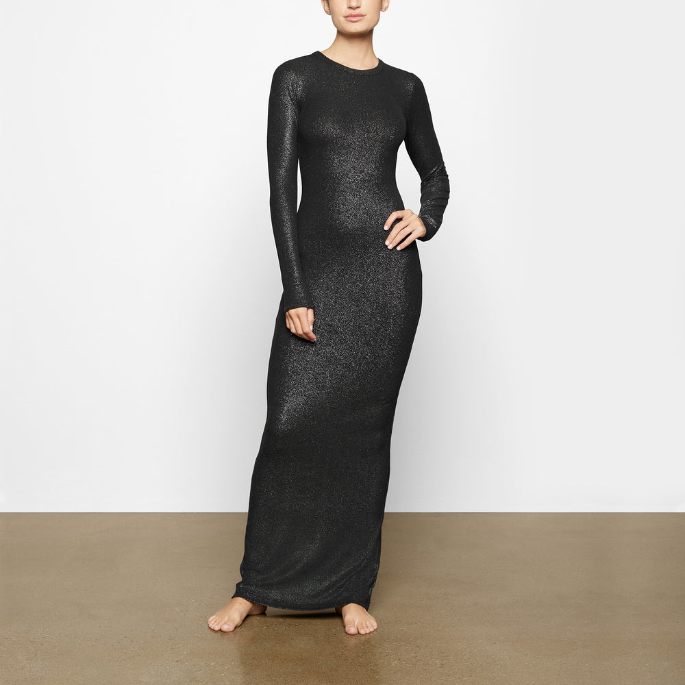 Skims SOFT LOUNGE SHIMMER CREW NECK LONG Jurk Zwart | 94ZGFRTJO