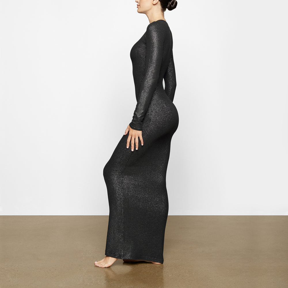 Skims SOFT LOUNGE SHIMMER CREW NECK LONG Jurk Zwart | 94ZGFRTJO