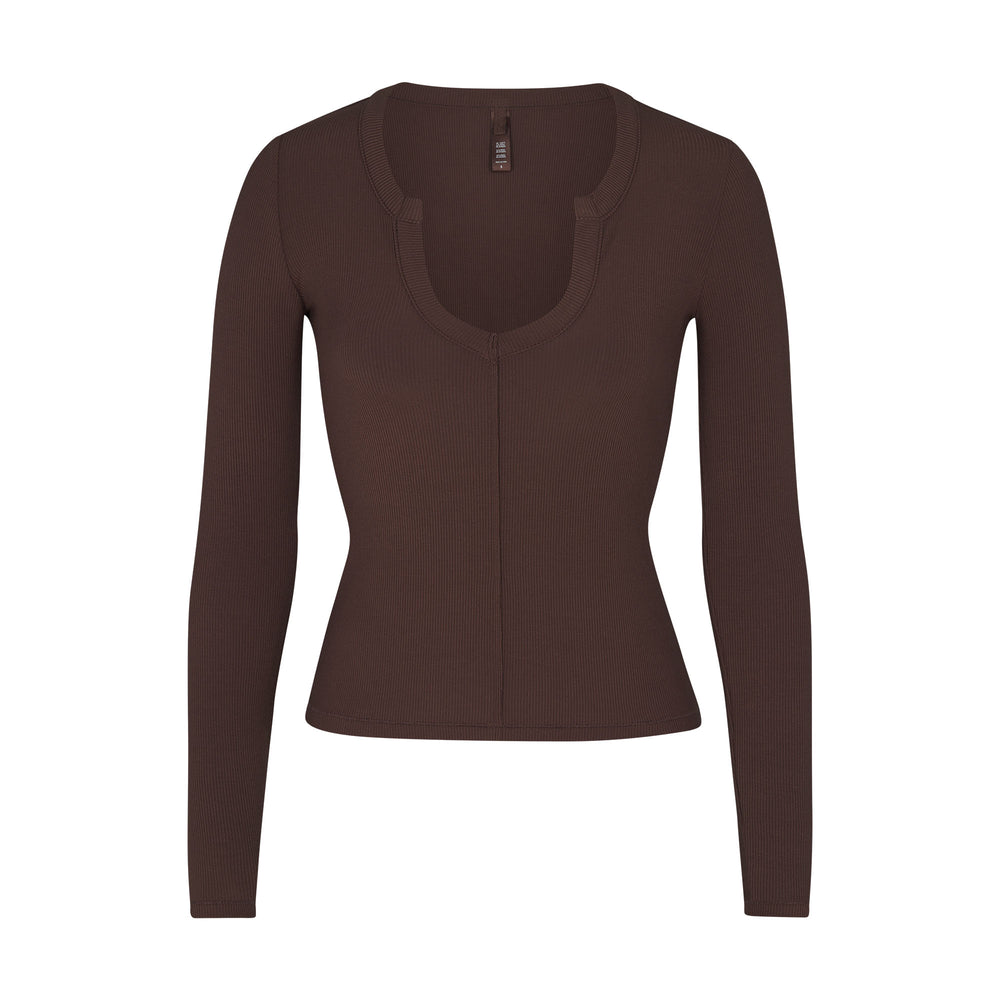 Skims SOFT LOUNGE SPLIT NECK LONG SLEEVE T-shirt Chocola | 24GNRYFXV