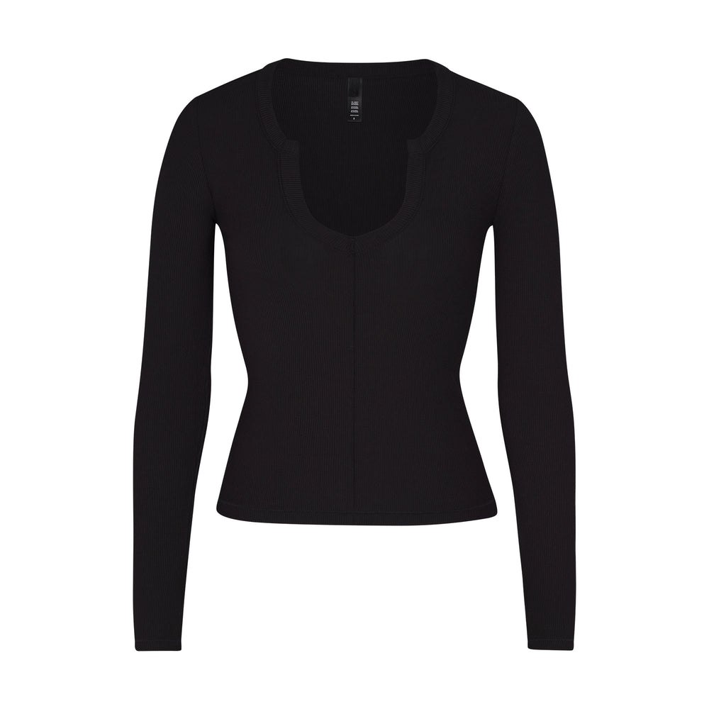 Skims SOFT LOUNGE SPLIT NECK LONG SLEEVE T-shirt Zwart | 86CXKEZPN