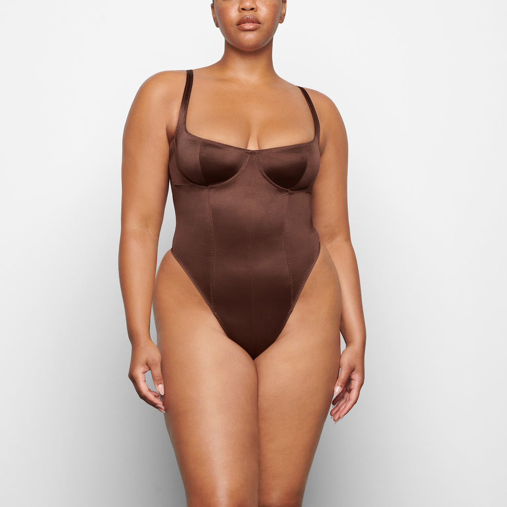 Skims STRETCH SATIN Stretch Satin Bodysuit Chocola | 14LGRQCTH