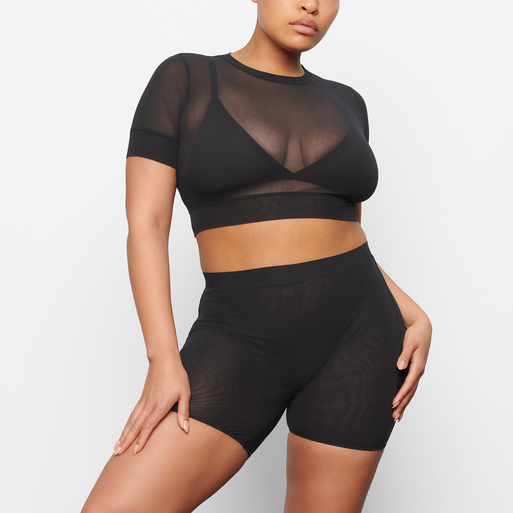 Skims SUMMER MESH CROPPED T-shirt Zwart | 10VFKSUPX