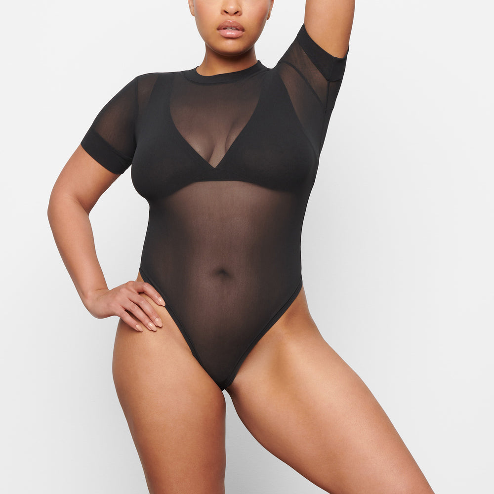 Skims SUMMER MESH T-shirt Bodysuit Zwart | 15JNXUFBV