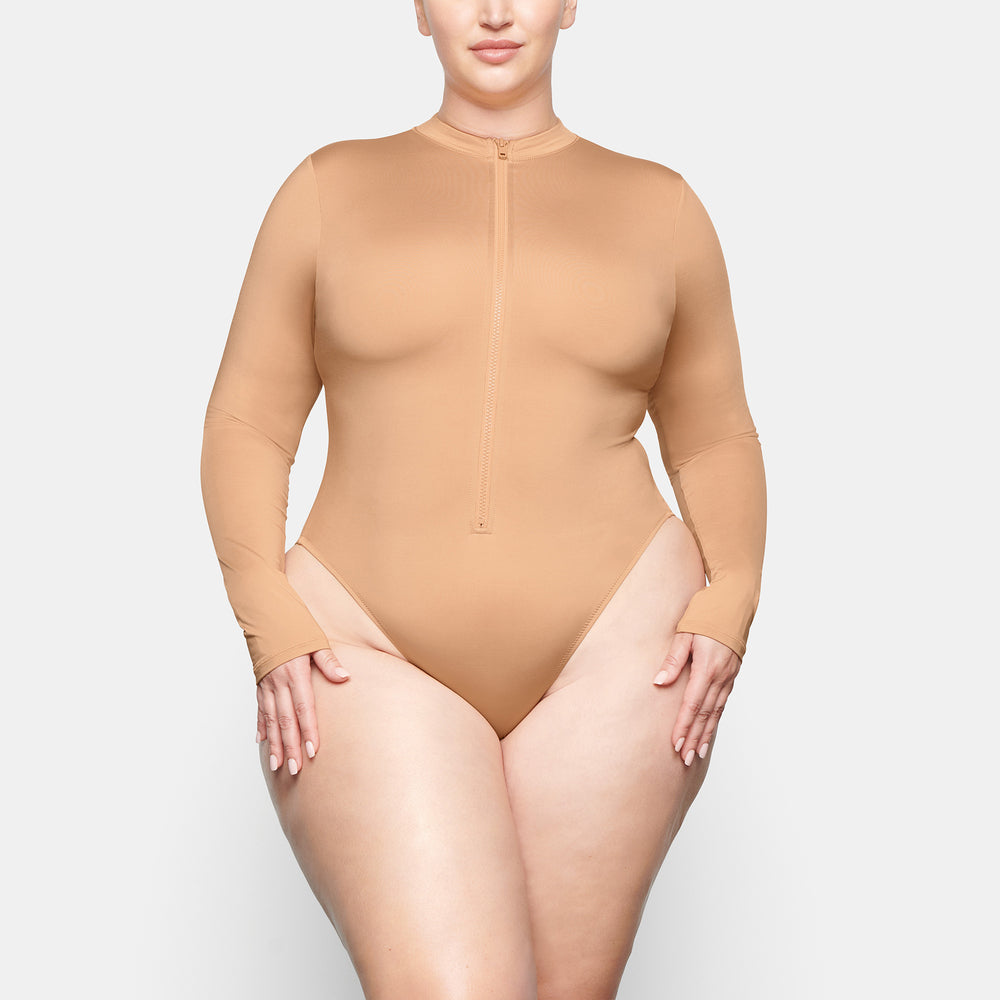 Skims SWIM ZIP FRONT LONG SLEEVE One Piece Beige | 16ZJUEAPW