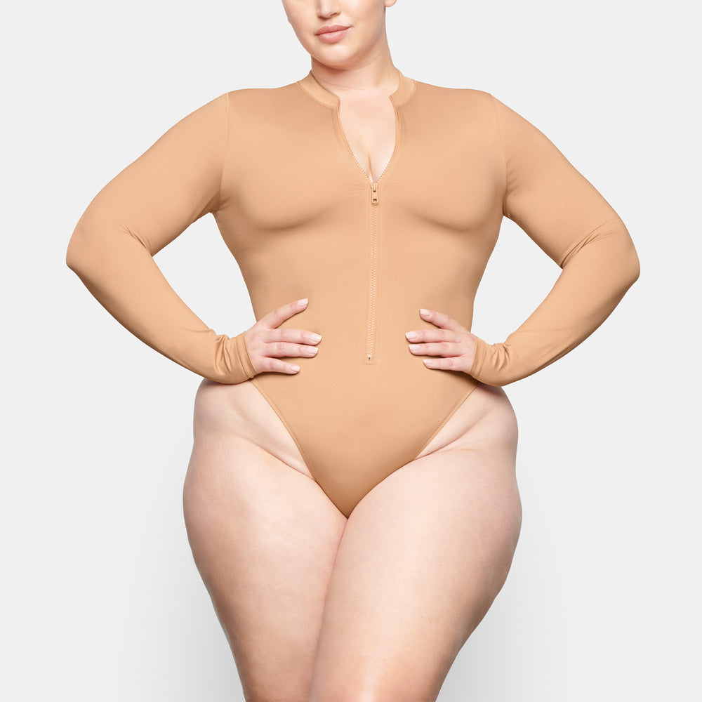 Skims SWIM ZIP FRONT LONG SLEEVE One Piece Beige | 16ZJUEAPW