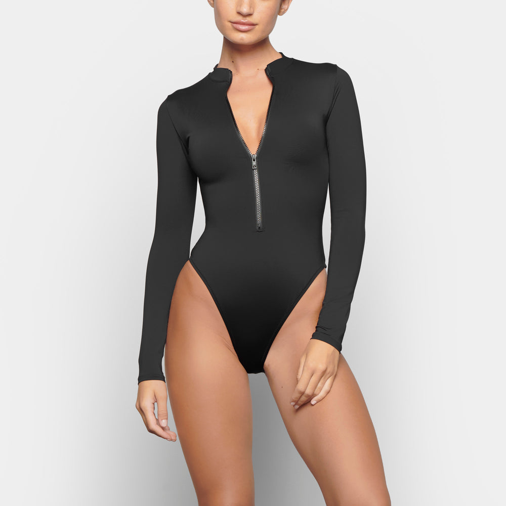 Skims SWIM ZIP FRONT LONG SLEEVE One Piece Zwart | 19ANEWXKI