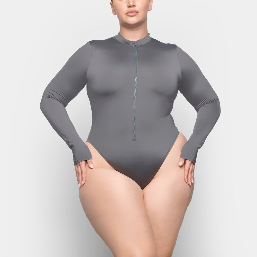 Skims SWIM ZIP FRONT LONG SLEEVE One Piece Diepgrijs | 35PDOAFNH