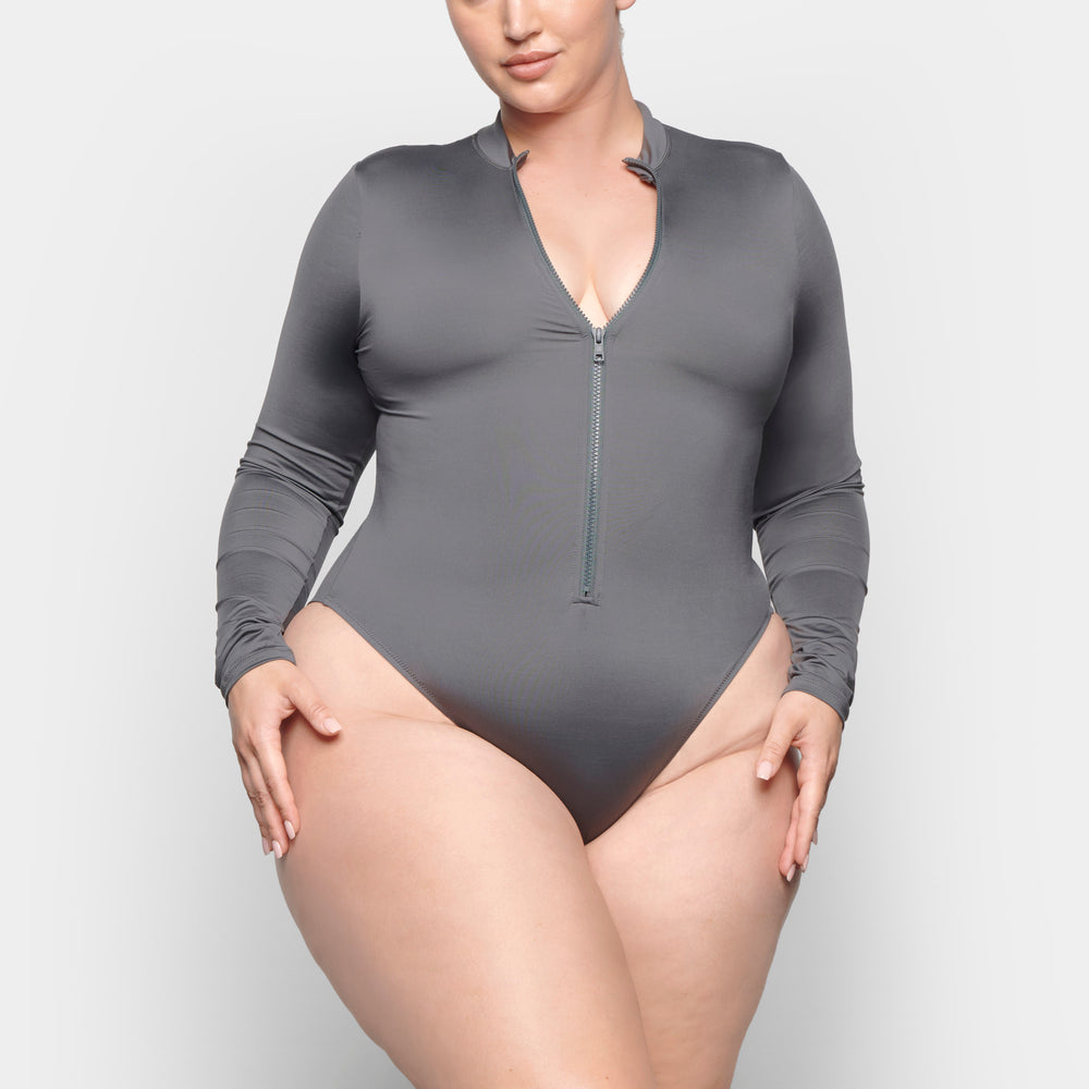Skims SWIM ZIP FRONT LONG SLEEVE One Piece Diepgrijs | 35PDOAFNH