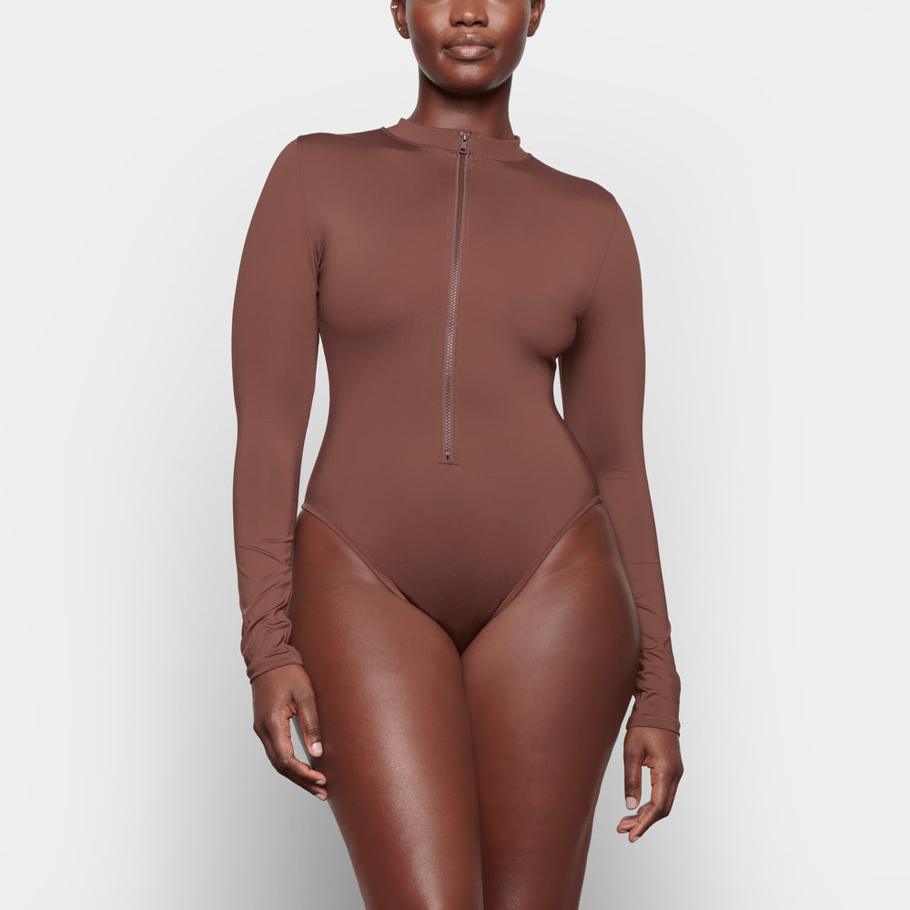 Skims SWIM ZIP FRONT LONG SLEEVE One Piece Chocola | 71ERIMQJV