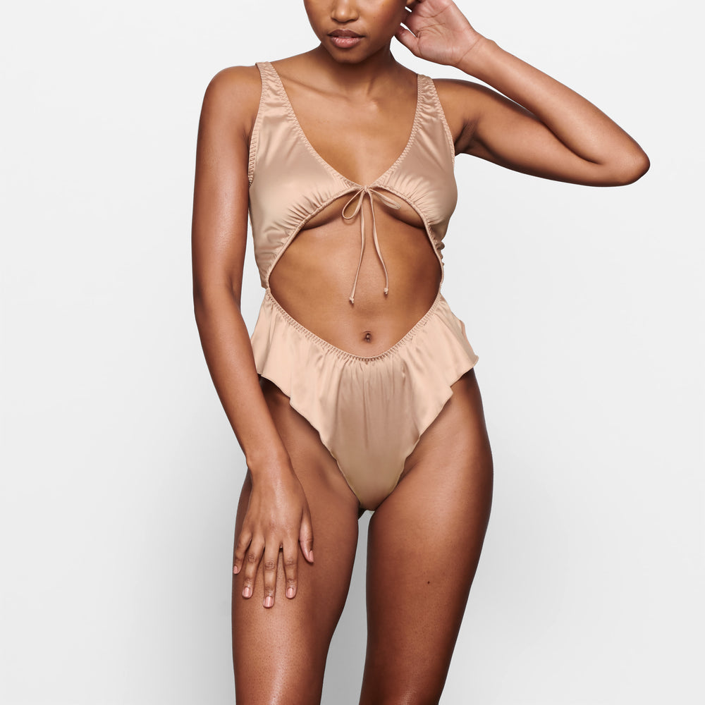 Skims WOVEN SHINE TIE FRONT Bodysuit Roze | 71CIGABTK