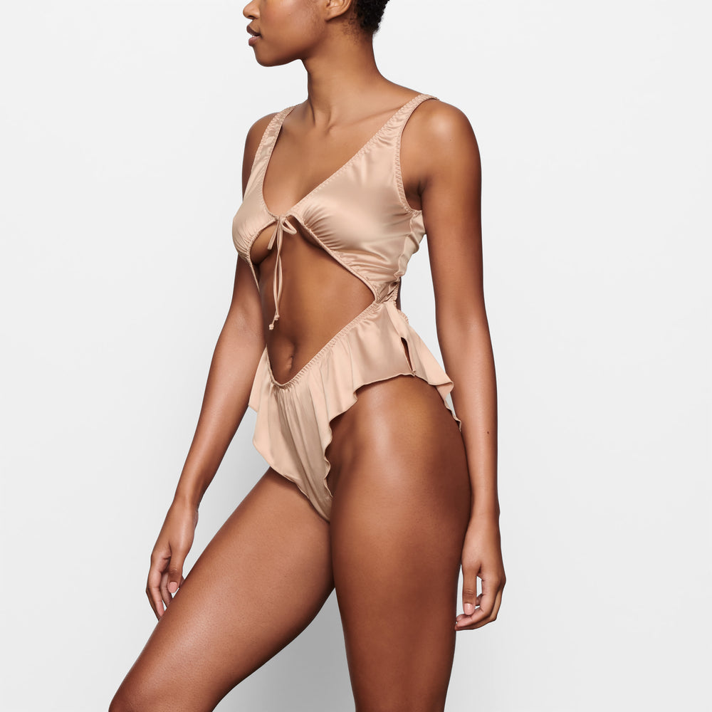 Skims WOVEN SHINE TIE FRONT Bodysuit Roze | 71CIGABTK