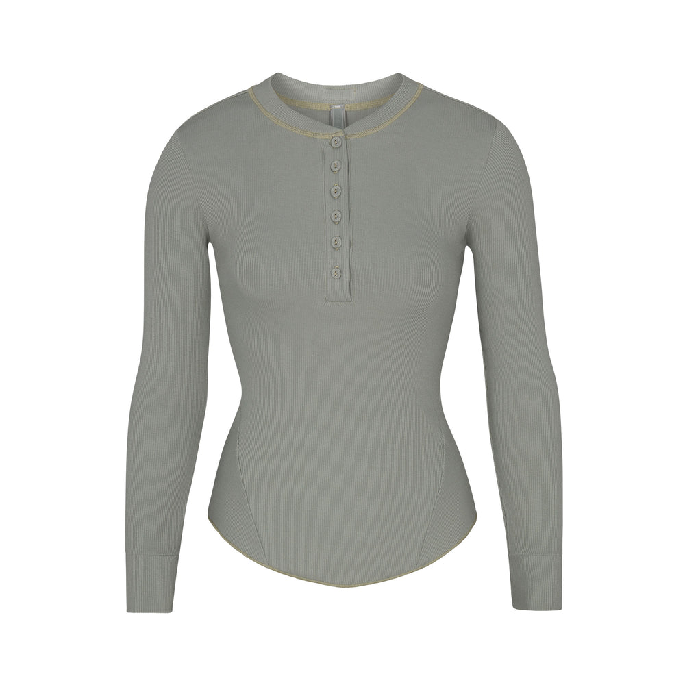 Skims COTTON RIB HENLEY LONG SLEEVE T-shirt Blauw | 86RZVOANG