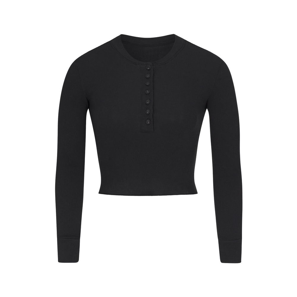 Skims COTTON RIB LONG SLEEVE CROP Henley Zwart | 78IMPGUXJ