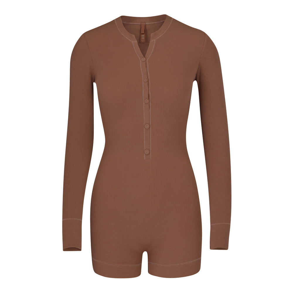 Skims SOFT LOUNGE BUTTON UP HENLEY Onesie Khaki | 43GKYRLMF