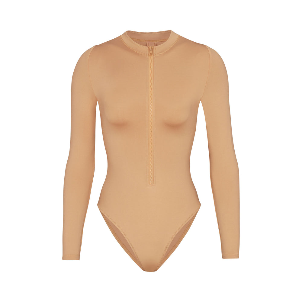 Skims SWIM ZIP FRONT LONG SLEEVE One Piece Beige | 16ZJUEAPW
