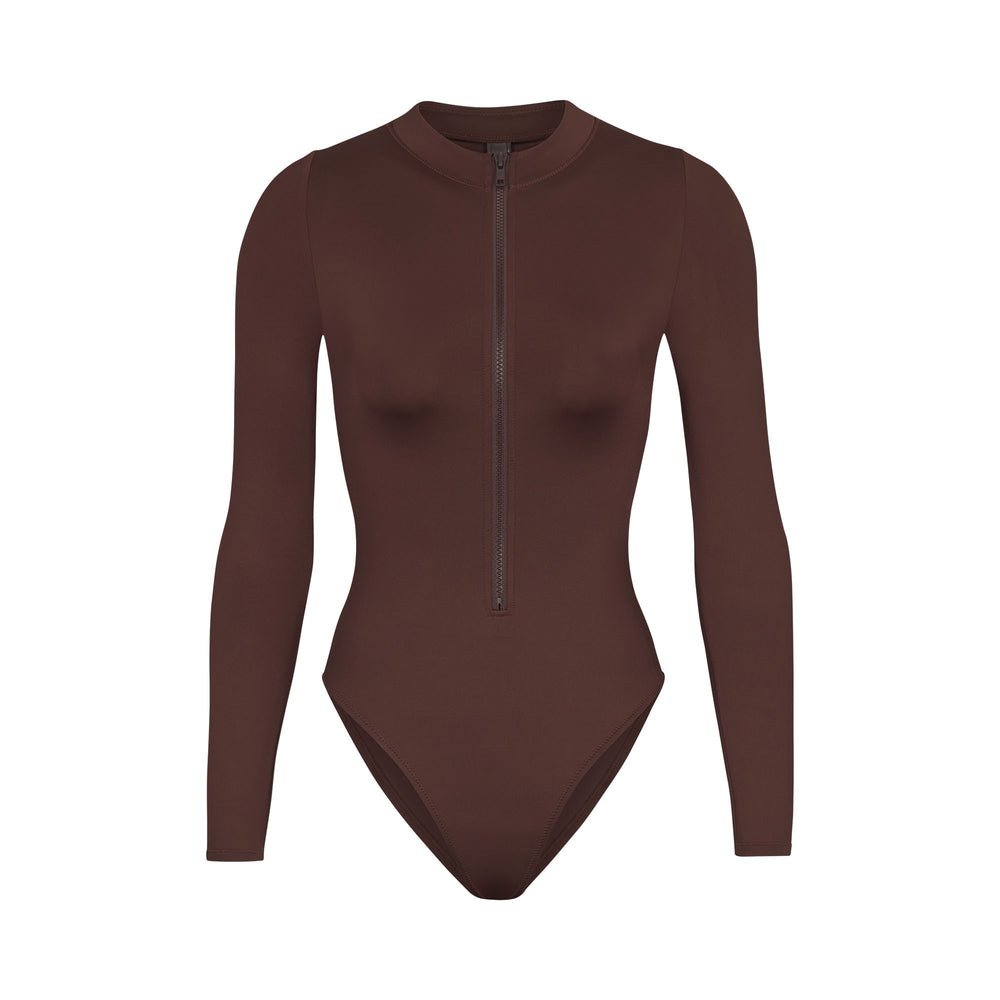 Skims SWIM ZIP FRONT LONG SLEEVE One Piece Chocola | 71ERIMQJV